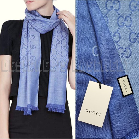 GUCCI light Blue & Periwinkle GGNAT wool & silk 18"x70" shawl Pashmina scarf NWT